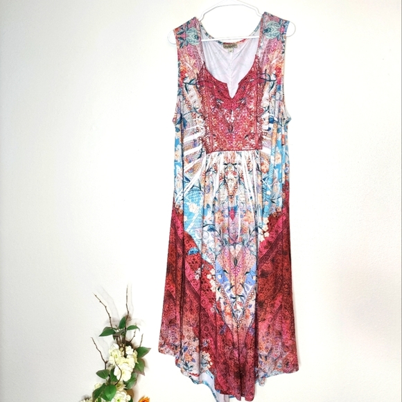 One World Chic Orange and Pink Maxi Dress Bohemian Summer Mid Calf Sleeveless - Picture 1 of 8